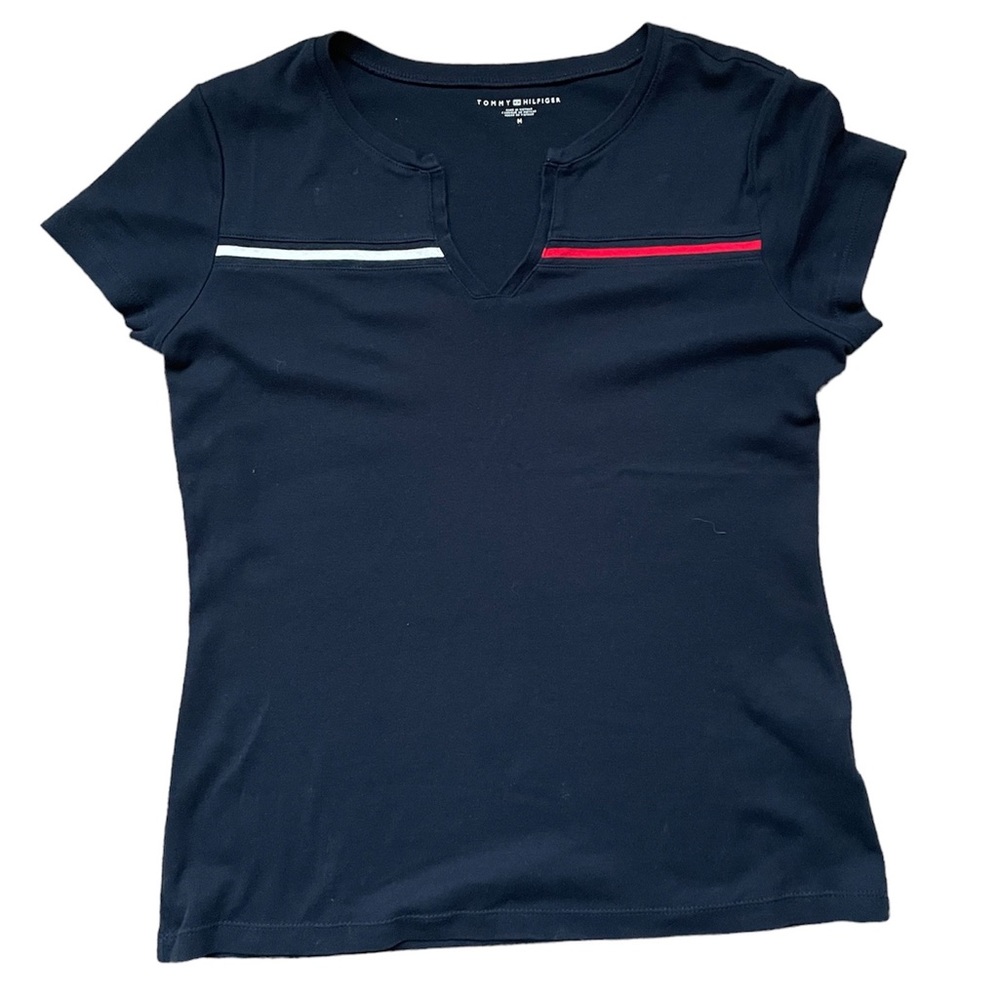 Signature Tommy Hilfiger Short Sleeve Deep V T-shirt Top Blouse (size M)